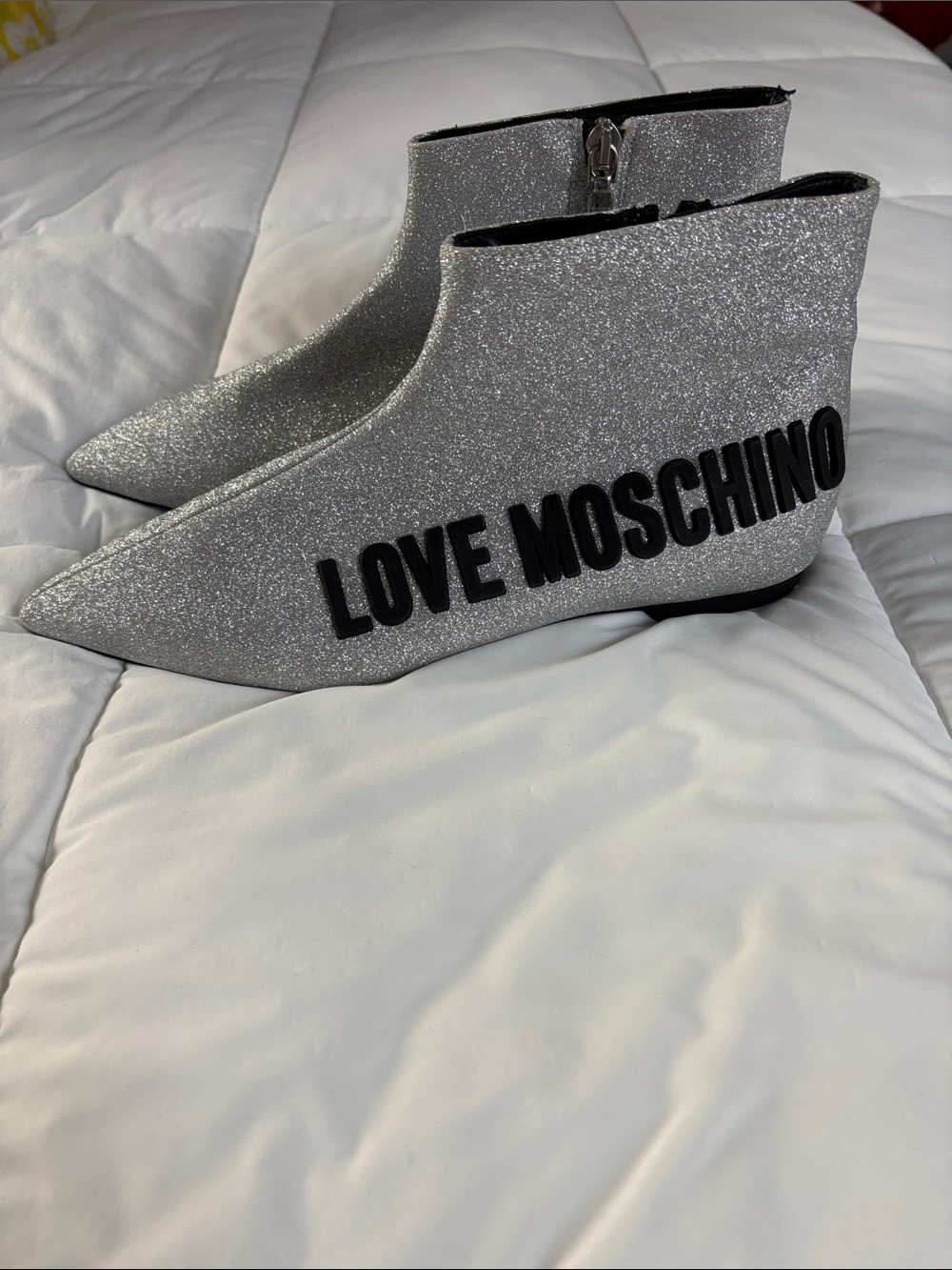 Love Moschino Silver Glitter Pointed Ankle Booties with Black Logo